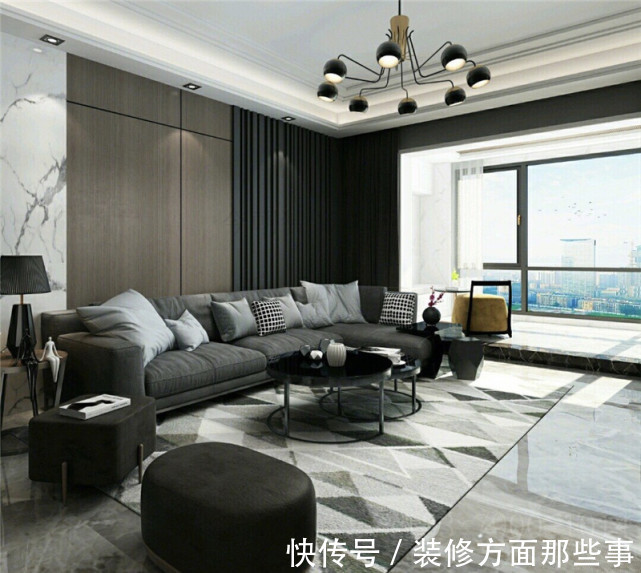 质感|?139平米现代灰色四居室,客餐厅设计有质感,大理石+木质
