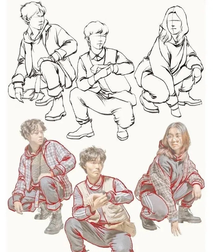 衣褶$你画的蹲姿动态速写是不是很容易“扑街”?