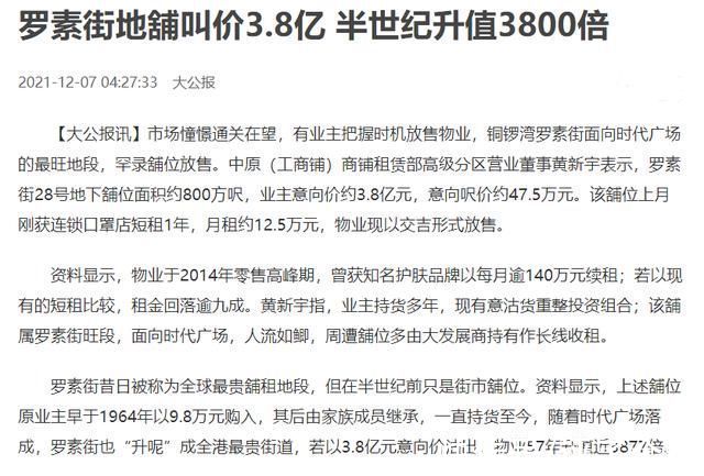 租金|买进9万8，今欲3亿8千万出售，香港铜锣湾一商铺57年升值3877倍