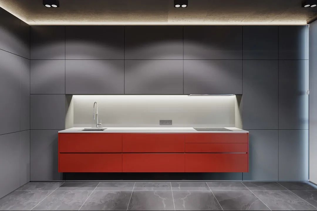 深灰色|88㎡现代极简，高级灰的空间，时尚红的点缀，成熟端庄的设计美