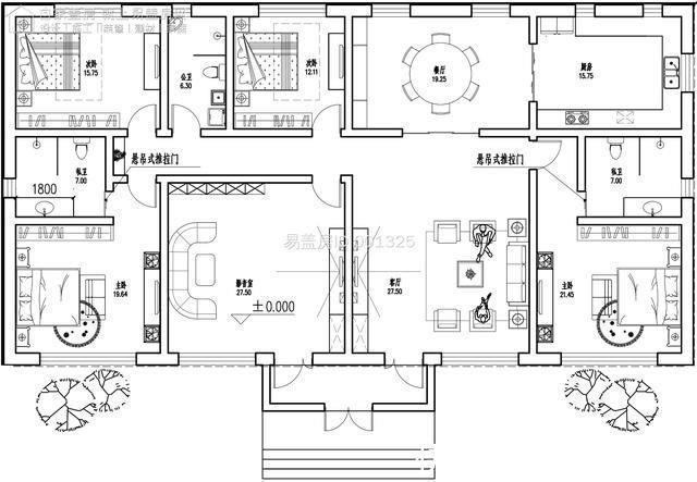 双入户门|一层新中式别墅,双入户门,房间均能采光,屋檐外挑,简单大气