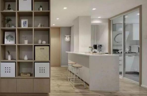 展示台|84㎡日式温馨时尚空间L型书架式电视墙,颜值高又可当收纳