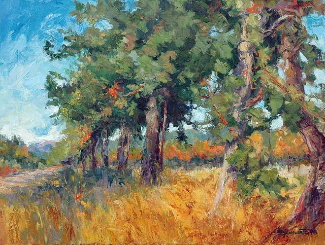 塔尔萨大学&窗外的景色 浓郁的色彩，戴安娜·恩斯沃思的风景油画