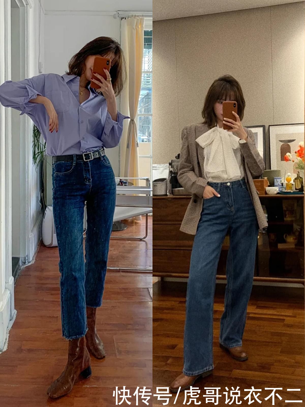 春季别总穿小脚牛仔裤了，法式牛仔裤正流行，一裤多穿时髦又高级