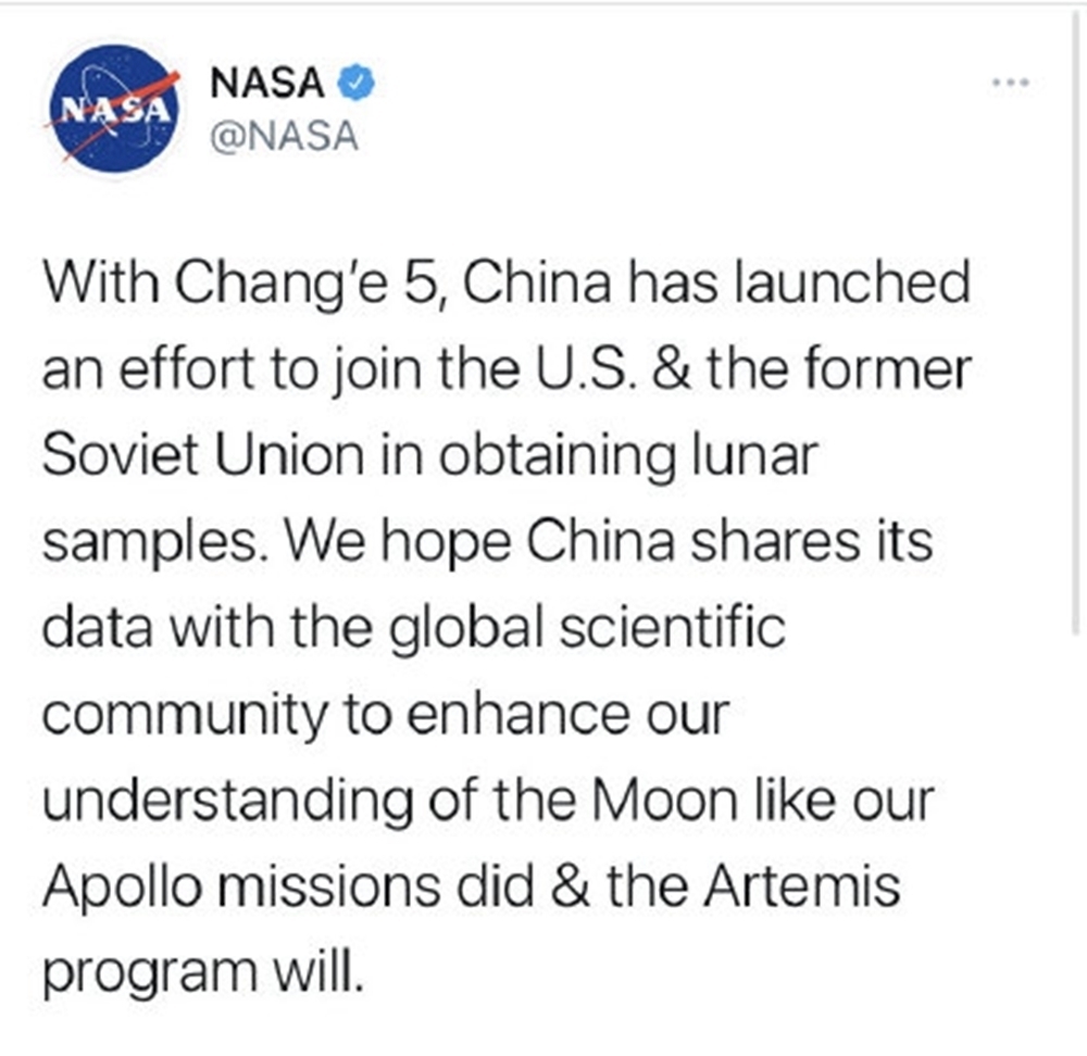 嫦娥五号刚发射成功，NASA第一时间发声，拐着弯让中国“还土”？