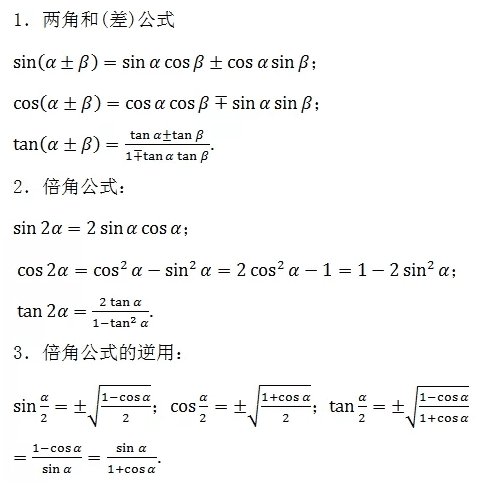 高一数学必修三角恒等变换函数公式总结 高一数学必修4公式 快资讯