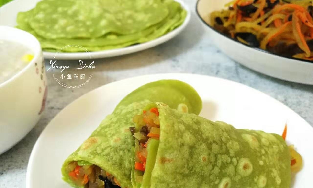 茼蒿汁|春饼的新做法,不用上锅蒸,薄软又筋道,卷肉卷菜可香了
