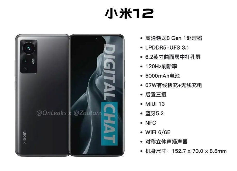 2k屏|小米12详细配置曝光!定位小屏旗舰?采用6.2英寸120Hz屏幕