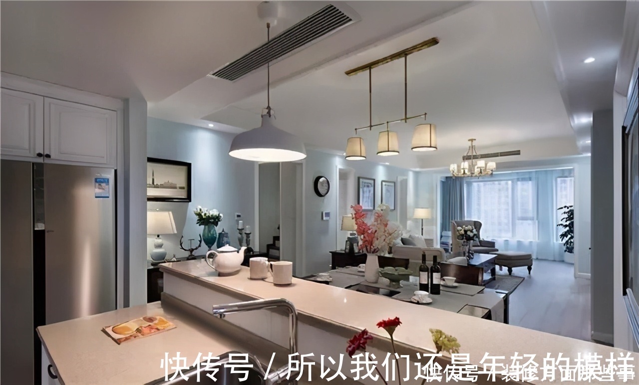 简美式|简美式三室两厅,客厅厨房餐厅呈开放式，全屋时尚、敞亮、大气!