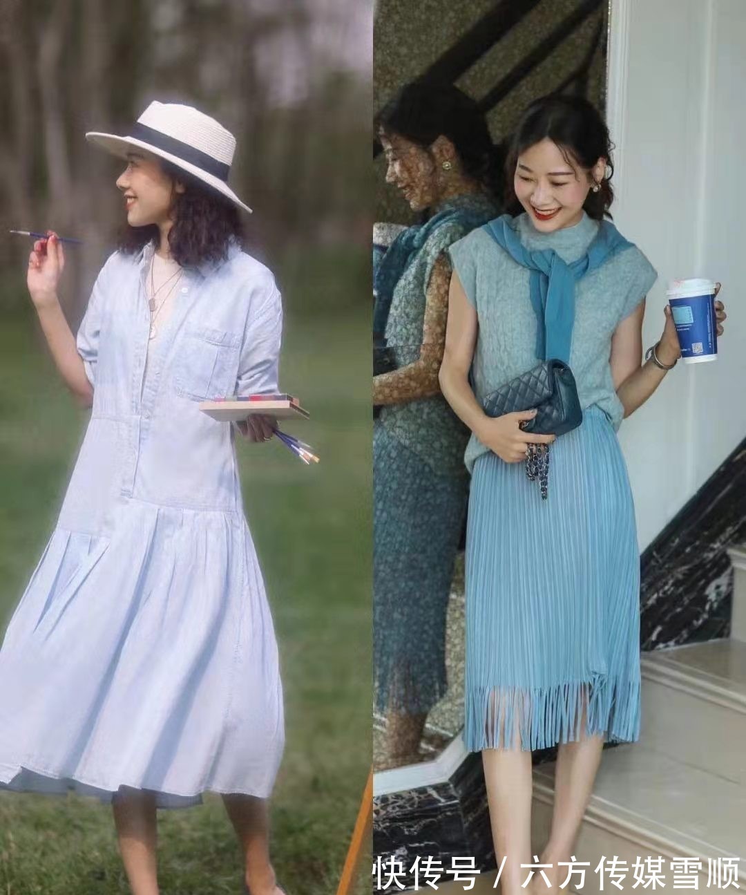 包臀裙|30、40岁女人可照搬的优雅穿搭，治愈感蓝色系，优雅又高级