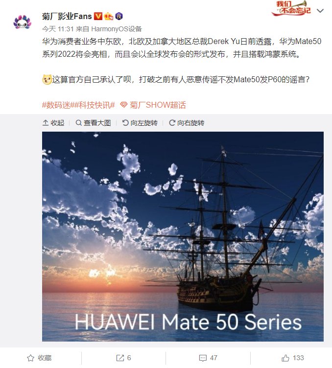 f华为Mate 50/Pro系列会在2022年发布，全球搭载鸿蒙