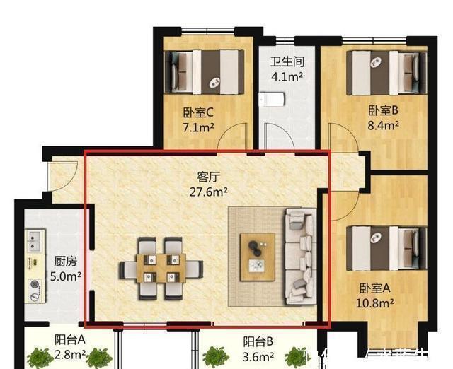餐厅|我要有钱也买横厅户型,沙发不靠墙,餐厨一字排开,越看越高级