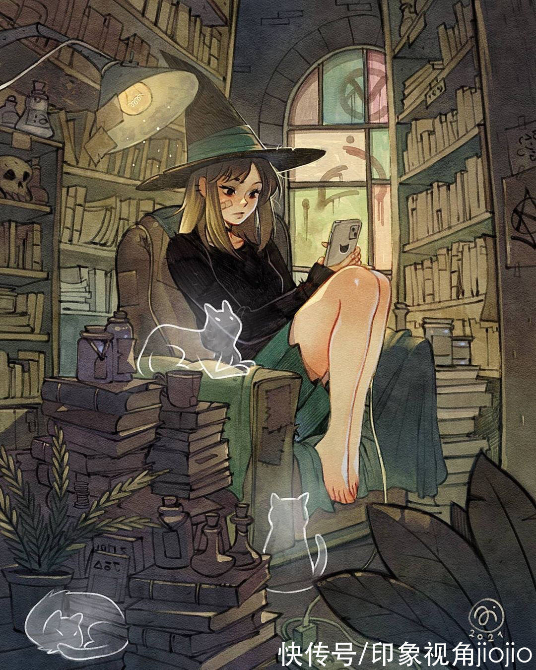日常插画#复古风的女巫日常插画作品,猫咪灵魂陪伴设定太有爱了