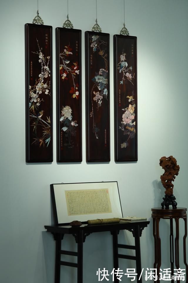 老挝大红酸枝|传统中式装饰画，大红酸枝，春夏秋冬，四条屏