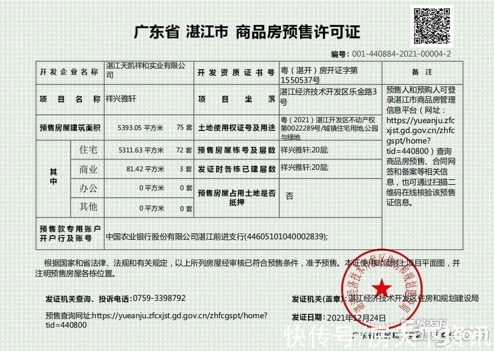 住宅|祥兴雅轩1单元获得商品房预售许可证 共预售72套住宅、3套商铺