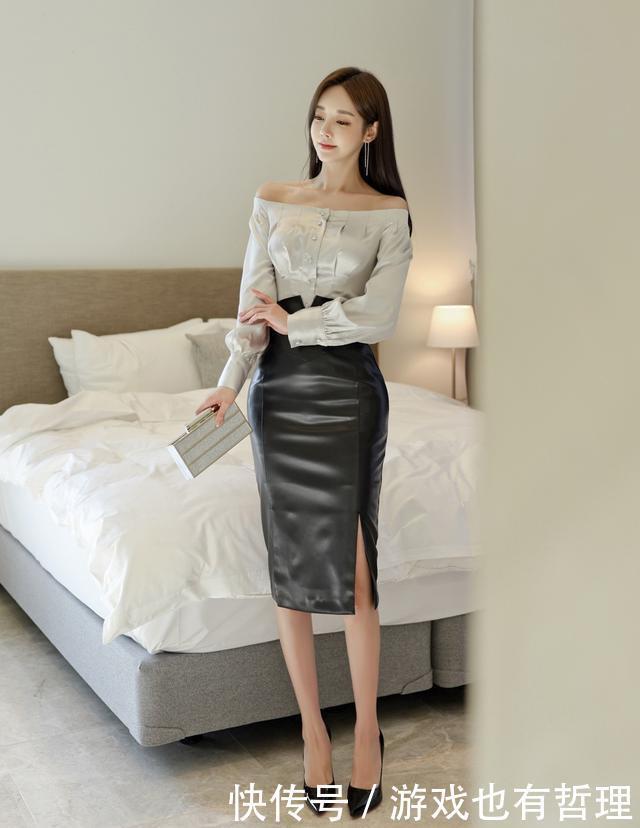 搭配|诙谐一字肩清凉衬衫,搭配雅黑中长皮裙,塑造孙允珠水木清华