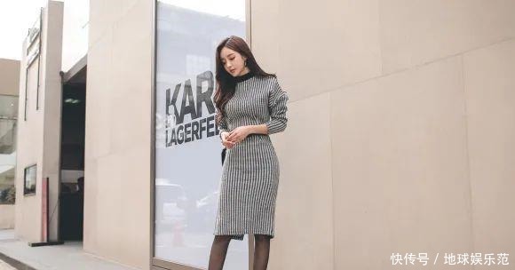 鉴赏|美女鉴赏:波普视觉条纹时髦白领针织裙