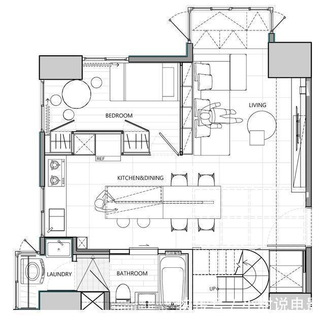 衣帽间|84㎡阳光loft,玫瑰金弧形旋梯、水平线性的灯光酒柜墙,超炫酷!