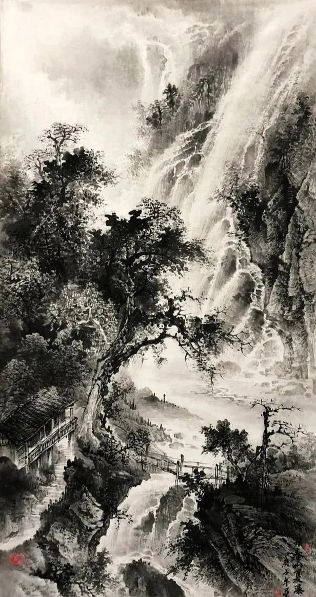 吕少华$“飞流直下三千尺,疑是银河落九天”!这水墨山水,绝了!