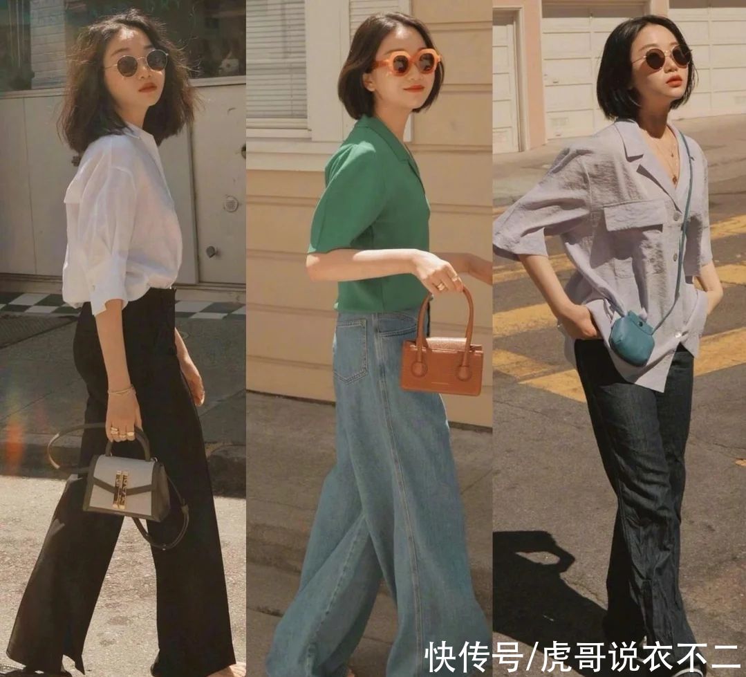 阔腿裤|适合1米58小个子的夏日打扮，“衬衫+高腰裤”，时髦洋气又高级
