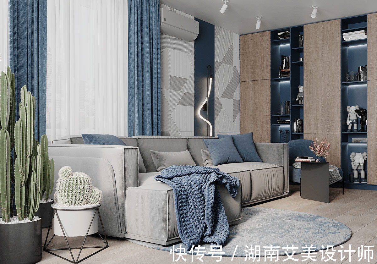 灰色|198平软装设计,深蓝色与灰色的碰撞