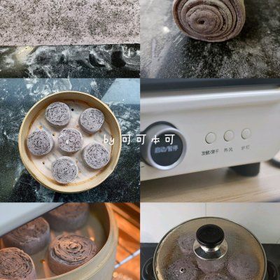 黑芝麻黑米千层花卷︱手撕馒头