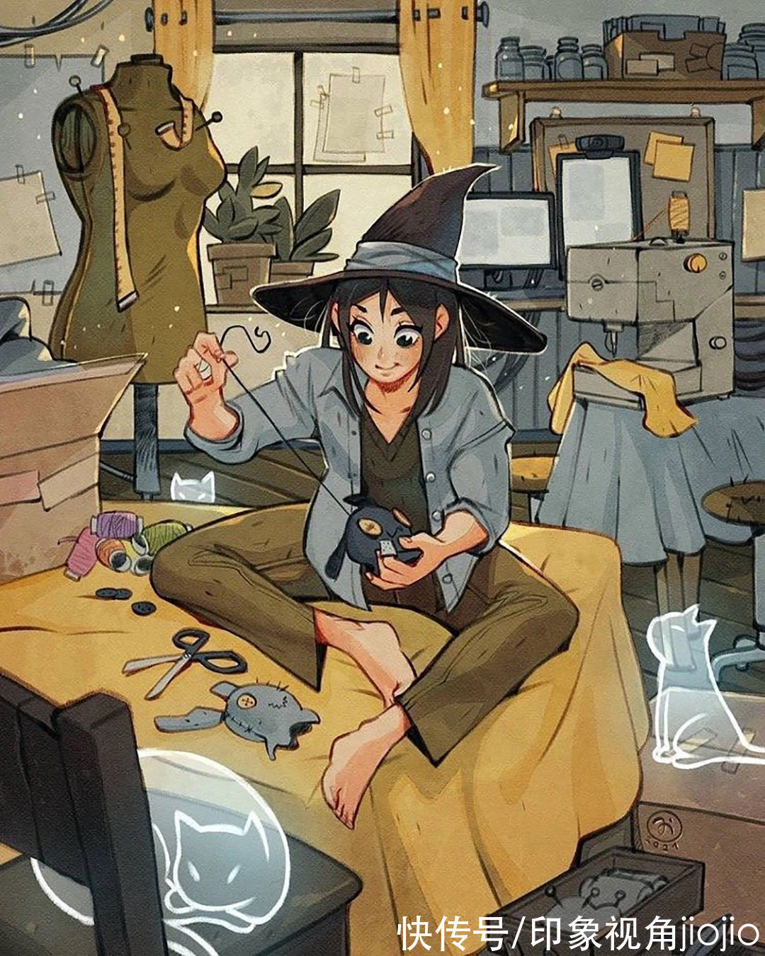 日常插画#复古风的女巫日常插画作品,猫咪灵魂陪伴设定太有爱了