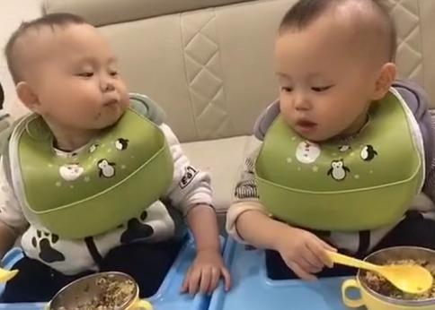 双胞胎|“糊涂蛋哥哥”错把饭喂到弟弟嘴里,瞬间慌了“小手一摊”萌化了