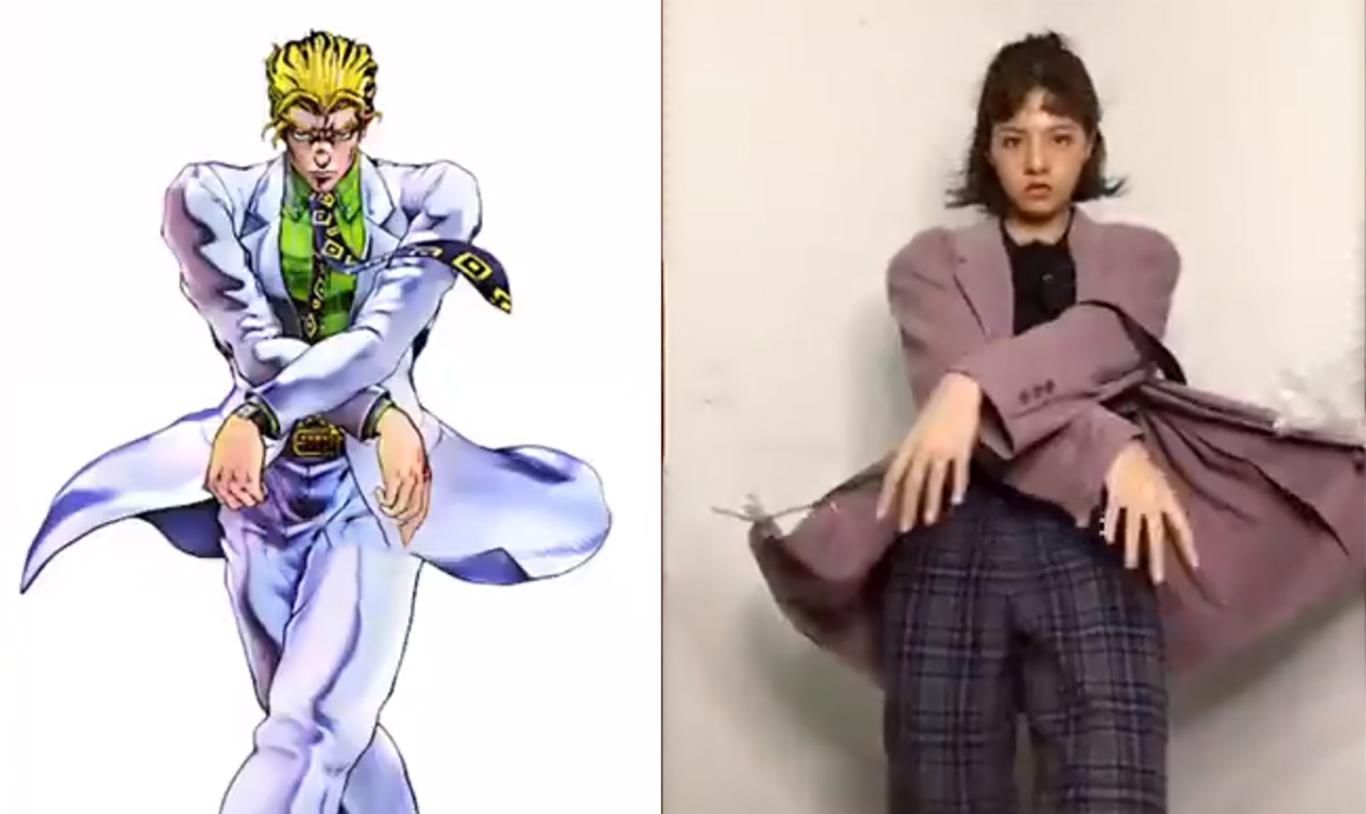 小姐姐|小姐姐模仿高难度JOJO立,奇怪的姿势增加了,拍照再也不怕没Pose