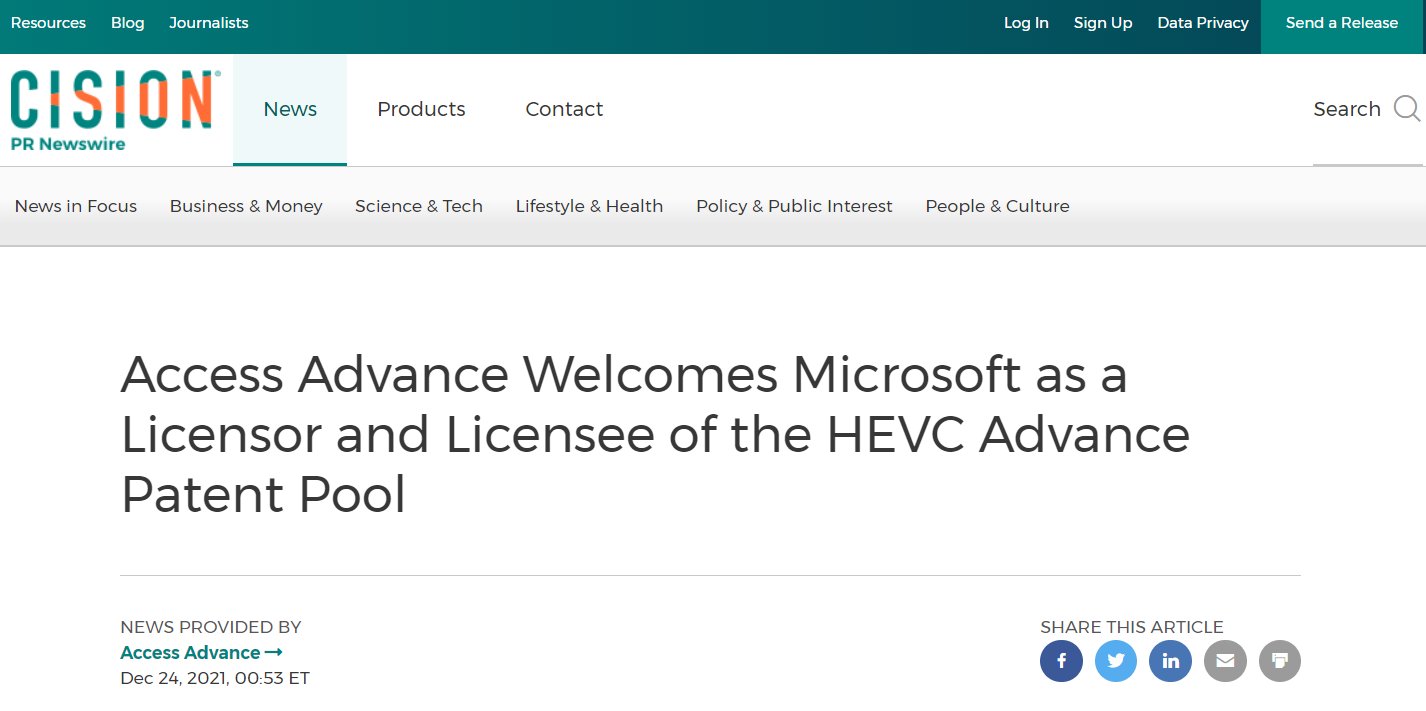 专利|微软加入 HEVCAdvance 专利池，Win11 有望免费使用该编解码器