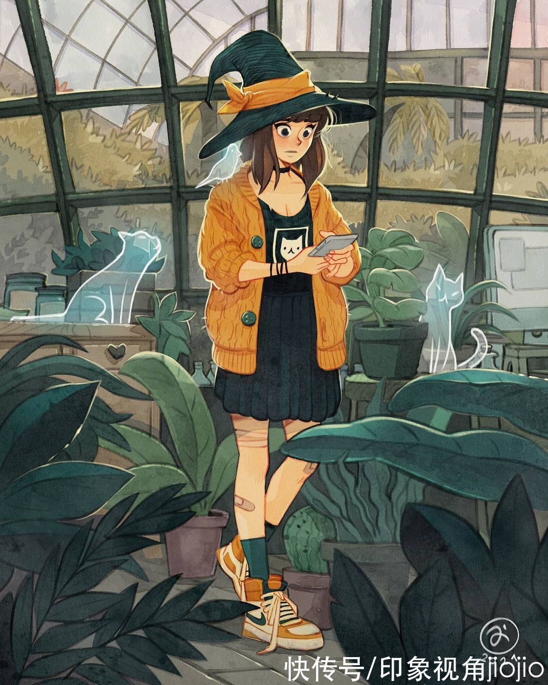 日常插画#复古风的女巫日常插画作品,猫咪灵魂陪伴设定太有爱了