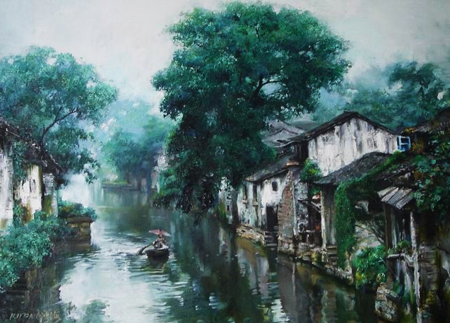 江南水乡#潘鸿海油画中的江南水乡,太有诗意了!