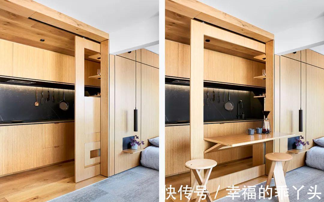 木饰面|35㎡迷你小宅,定制柜解决全屋收纳,还有隐形餐桌!