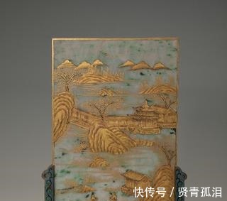 掐丝珐琅#清代，翡翠嵌百宝太平有象描金山水风景插屏