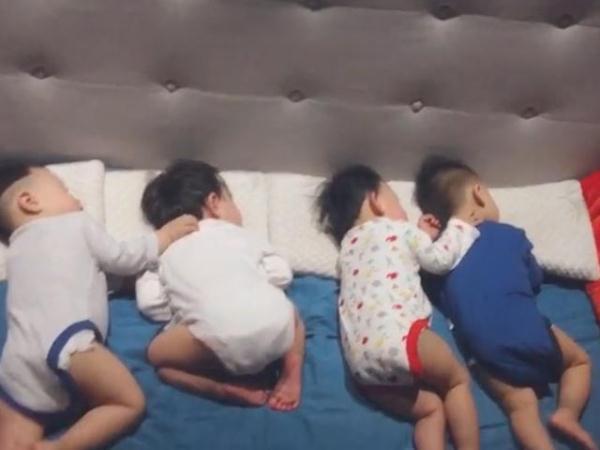 四个娃同时盖一条被子,妈妈掀开被子瞬间,被娃睡姿萌到了