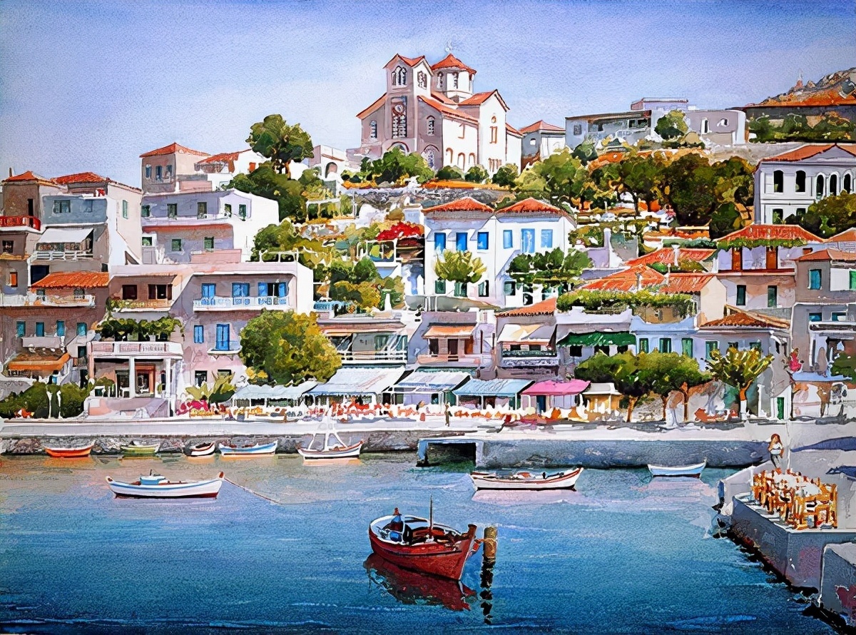 麦迪逊$希腊艺术家Pantelis Zografos,用水彩笔描绘希腊爱琴海美丽海岸风光