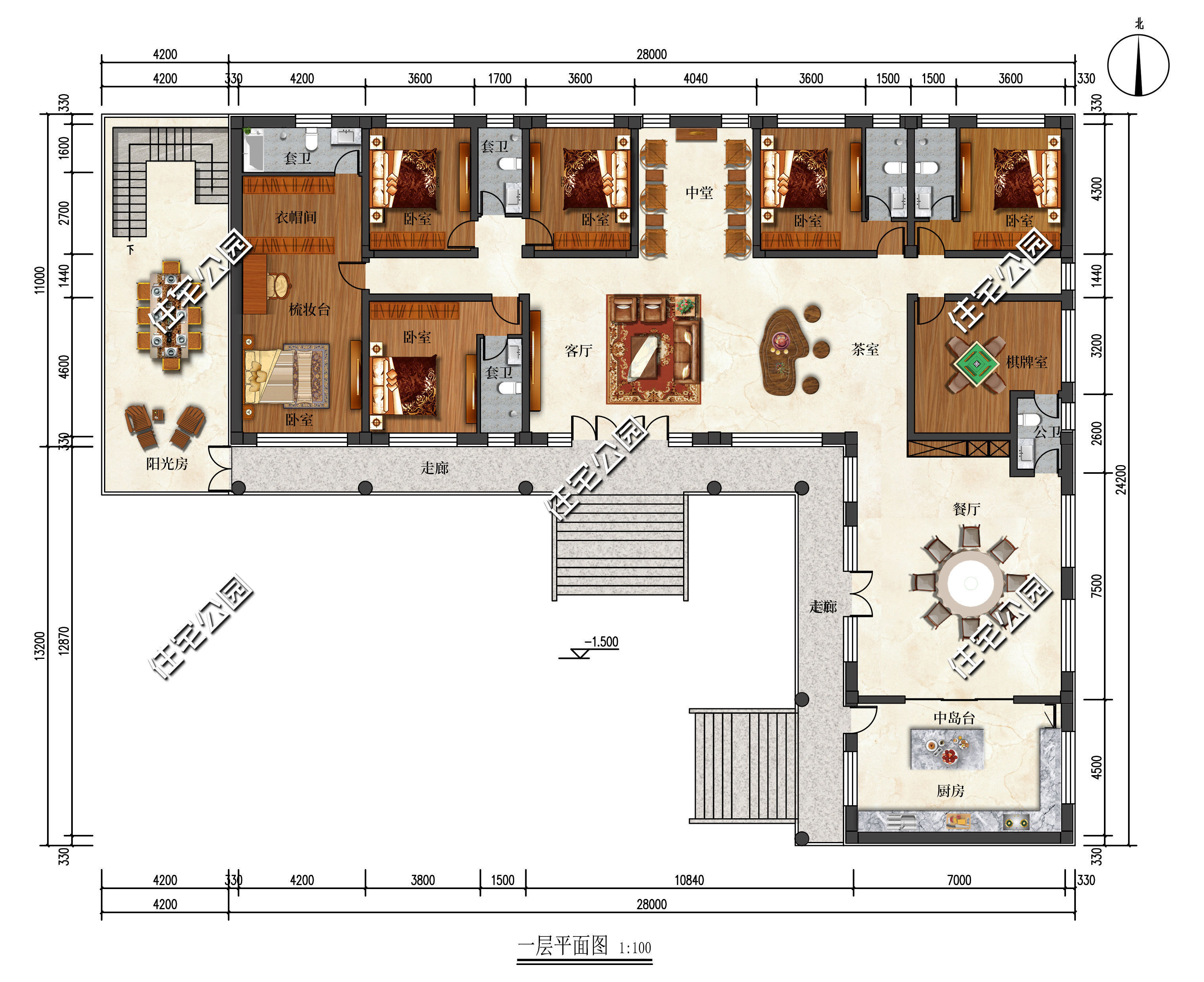 小院|12米大客厅+中堂+阳光房+地下室，32×24米一层中式小院大有内涵