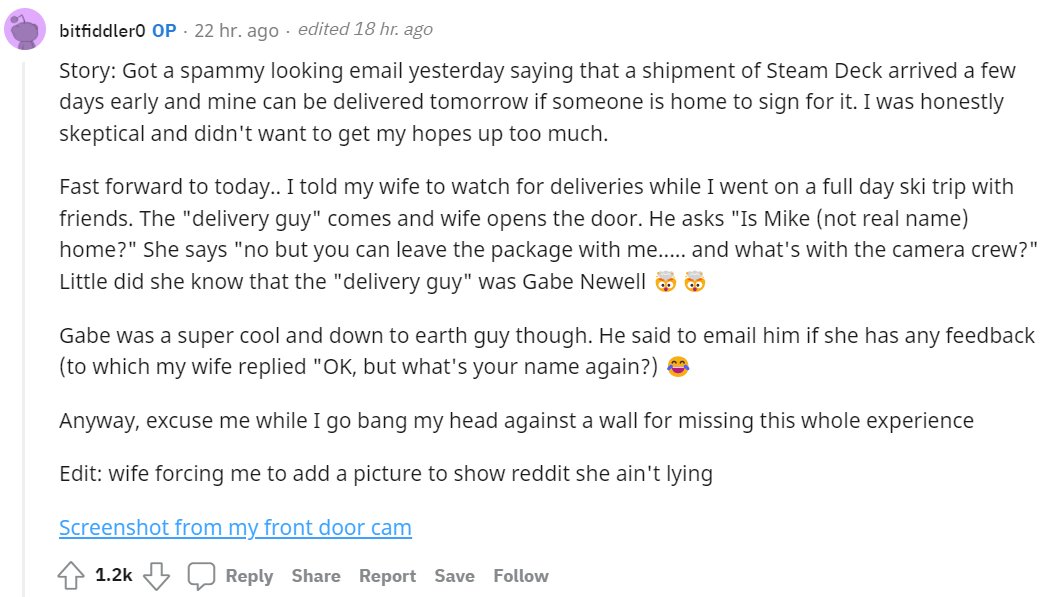 电子邮件|G胖化身“配送小哥”，被曝亲自向部分玩家配送Steam Deck掌机