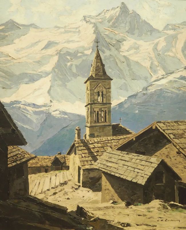 冰雪山脉$查尔斯·亨利·康坦辛(Charles Contencin)冰雪山脉风景绘画