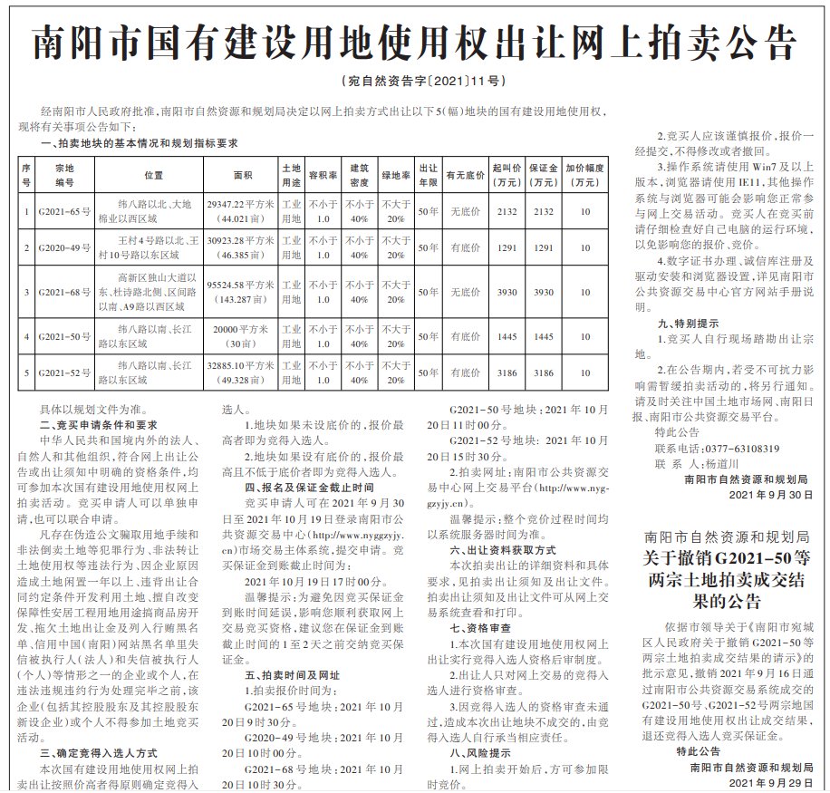 南阳|起拍价约1.2亿元，南阳5宗约313亩工业用地挂牌出让