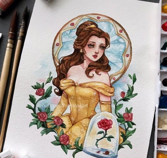 国风|水彩手绘风的迪士尼公主,艾莎美得很冷艳,花木兰国风韵味很漂亮