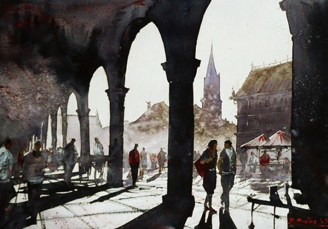 水彩画@波兰水彩画家拉法尔的街市景观画,耐看!