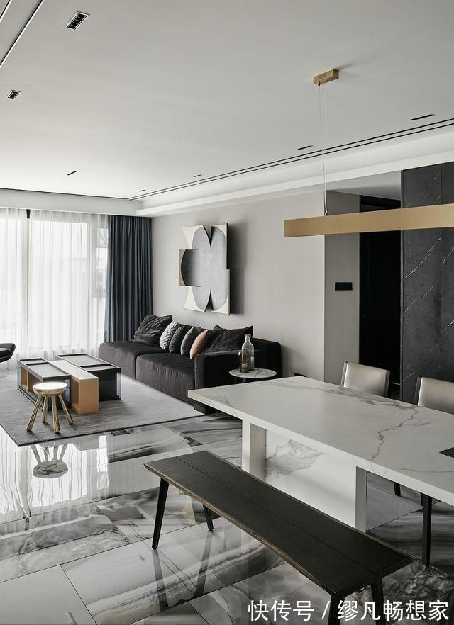 轻奢|129平现代时尚轻奢空间,黑白灰3色低调沉稳,地砖打造水墨画风格