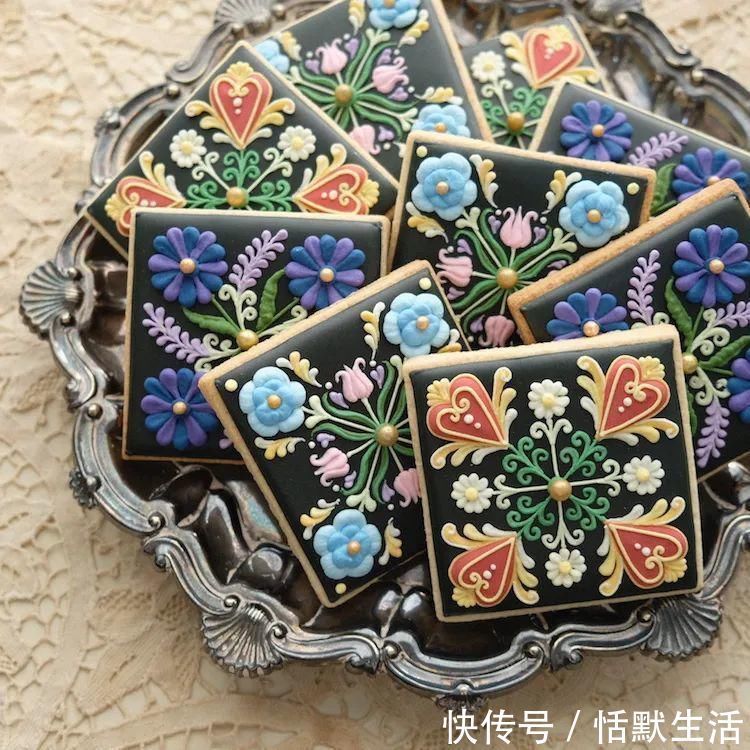 饼干|美到舍不得吃!甜品师手作花砖饼干,救救老夫的少女心!