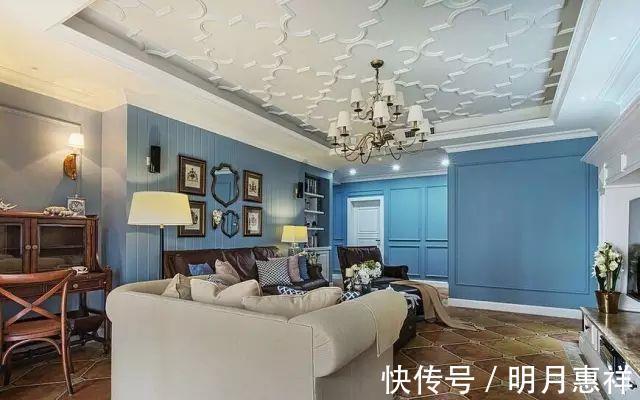 美式|143平米四室新房,蓝色背景墙,花纹吊顶,经典美式风格