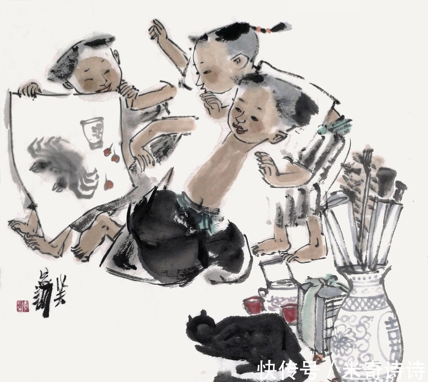 画笔#率真自然,妙趣横生,王家训用画笔描绘童真