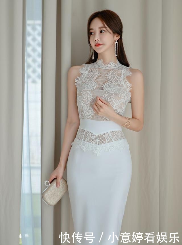 层叠对称花纹薄纱雪纺无袖包臀裙,突显孙允珠优雅气质