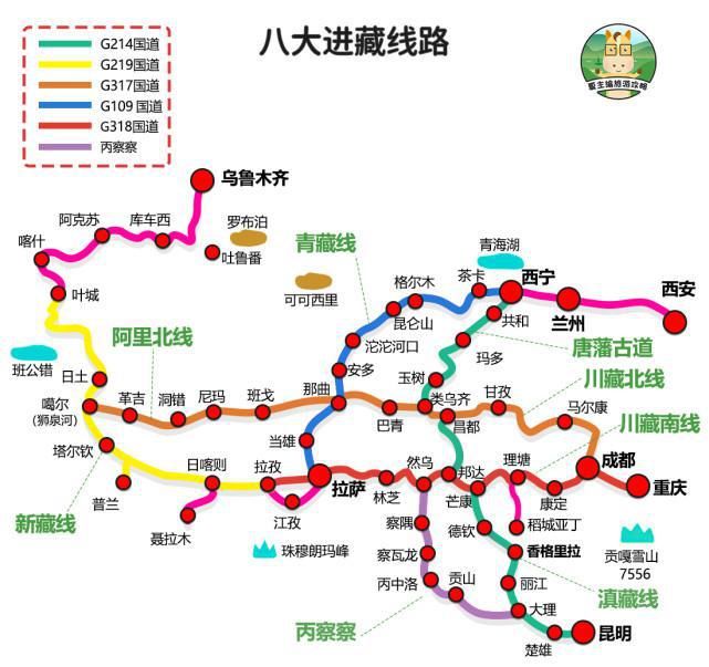 进藏8大线路地图：川藏线、丙察察、唐蕃古道、阿里北线、新藏线