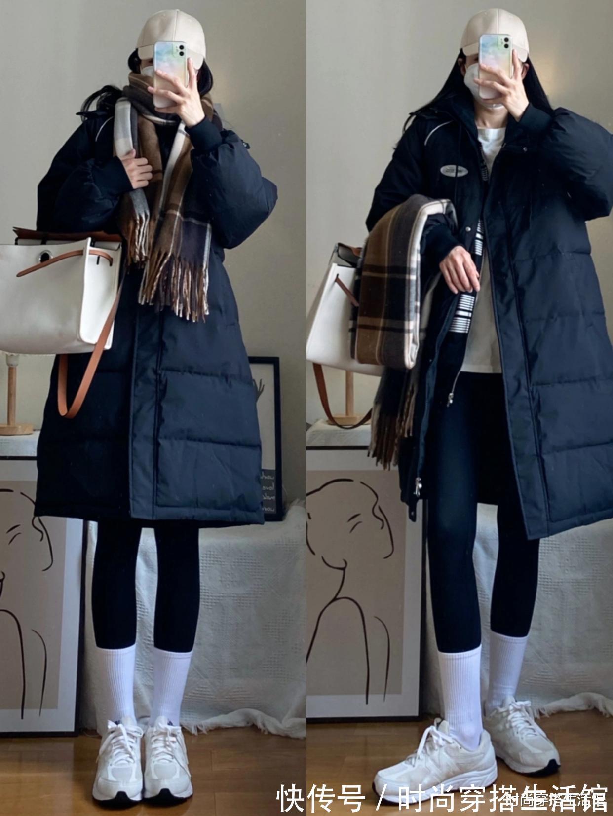街拍 羽绒服+鲨鱼裤=2021年王炸组合,时髦显瘦又高级,冬天穿很好看?