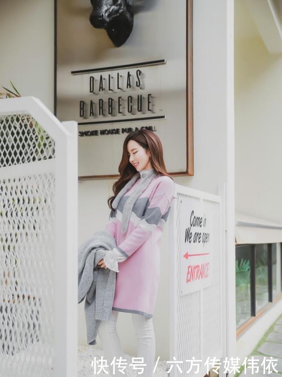 水波纹|潮流美女李妍静,柔软水波纹长款针织毛衣!